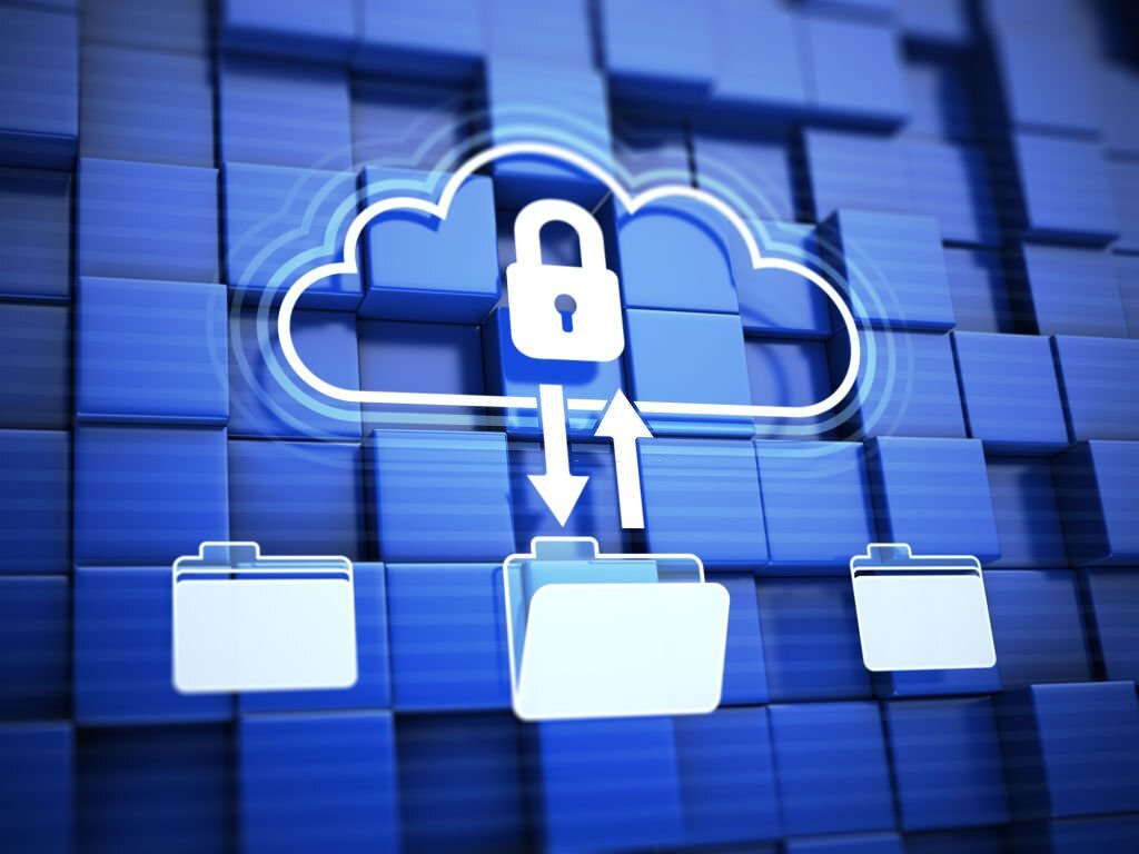 Cloud with padlock and folders on blue background